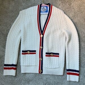Maje White Cardigan with Red and Navy Trim